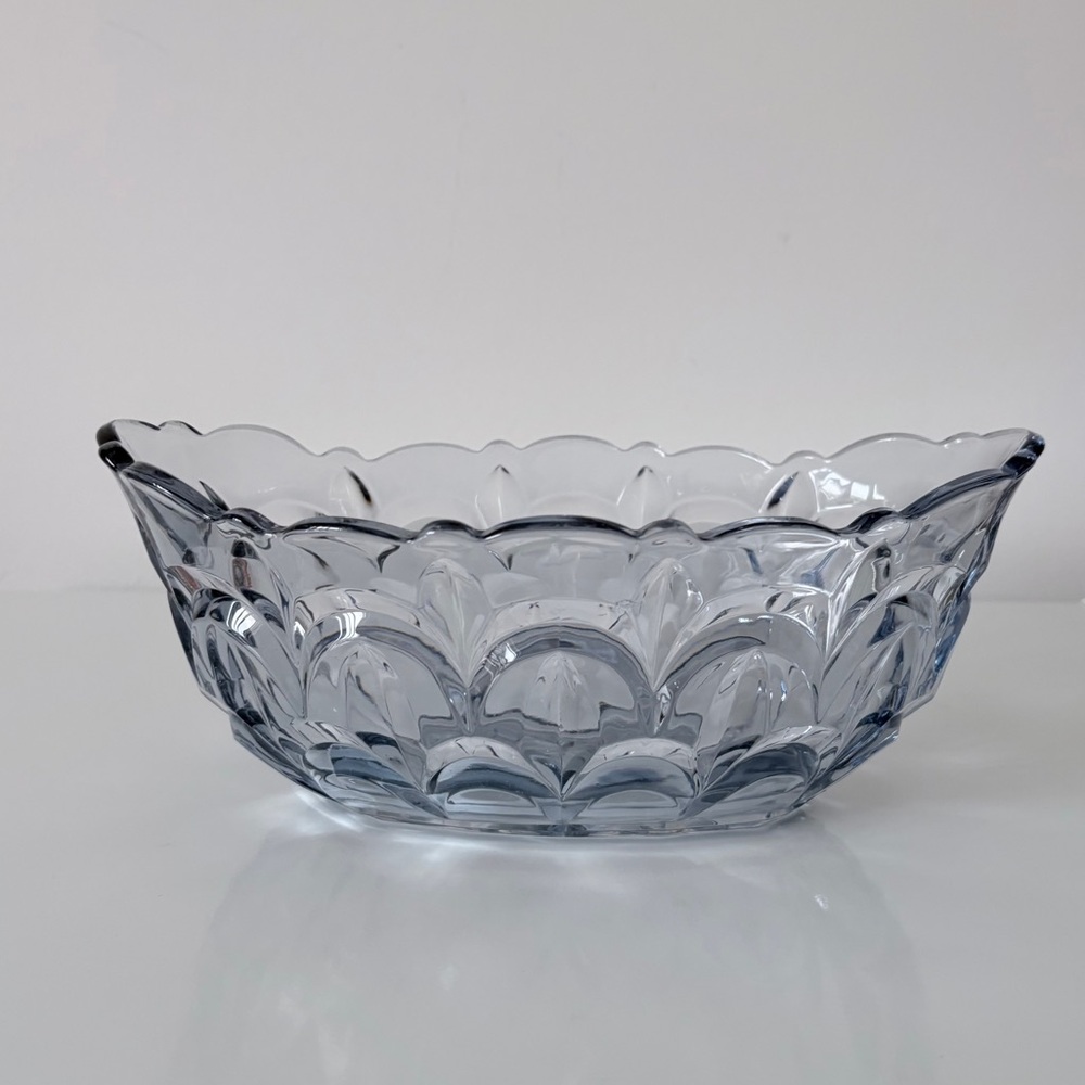 Depression Era Aqua Pressed Faceted Glass Bowl Scalloped Edge & Starburst Base - Picture 2 of 11